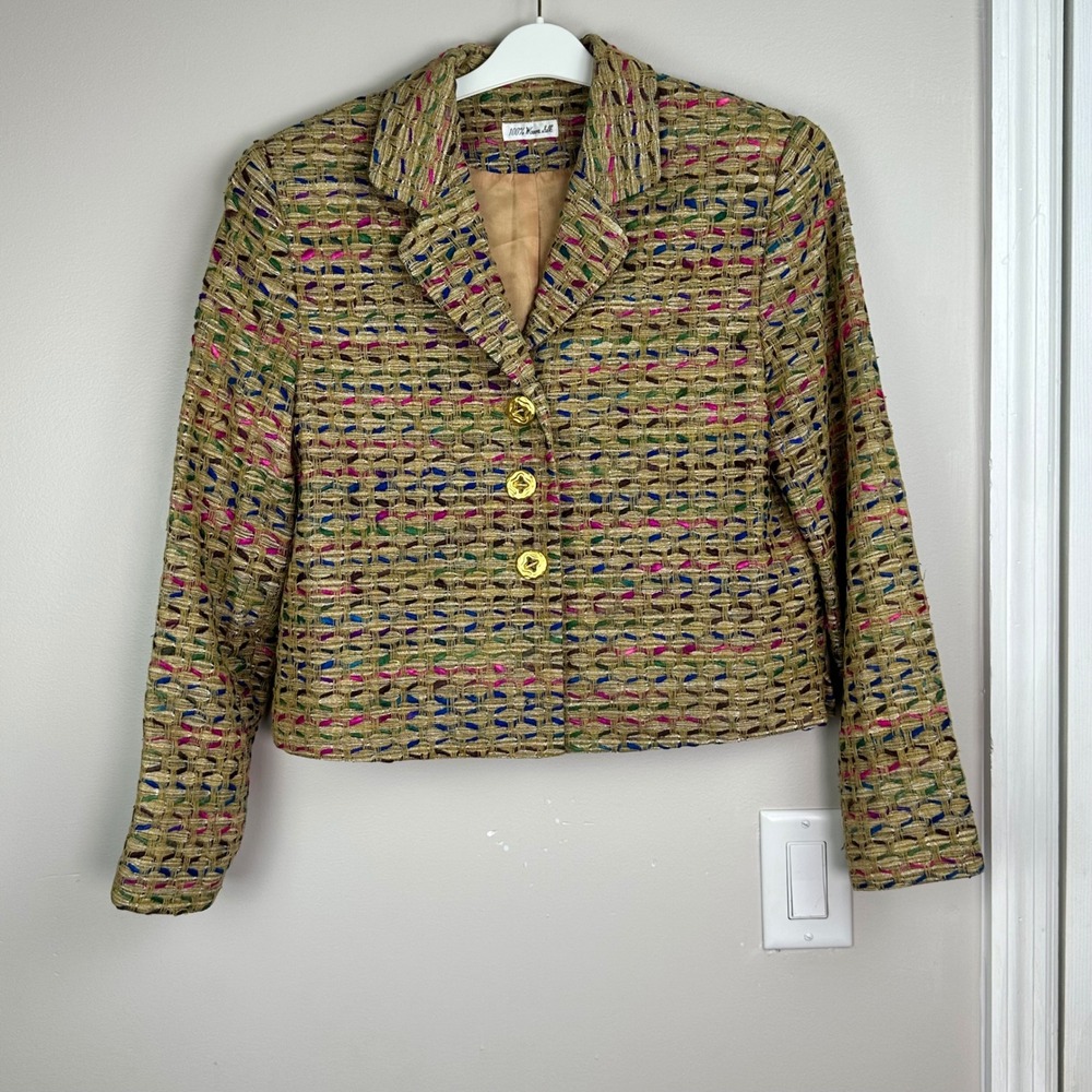 Women 100% Woven Silk Cropped Blazer‎ Multi-Color Gold Metallic Jacket Size 4